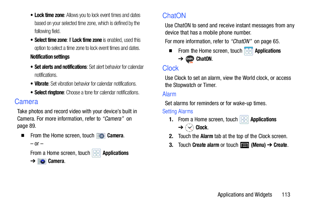 Samsung YP-GI1CB user manual Clock, ChatON, Setting Alarms 