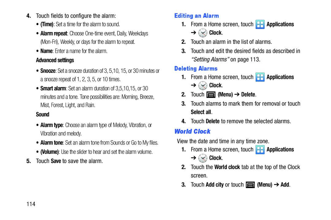 Samsung YP-GI1CB user manual World Clock, Editing an Alarm, Deleting Alarms 