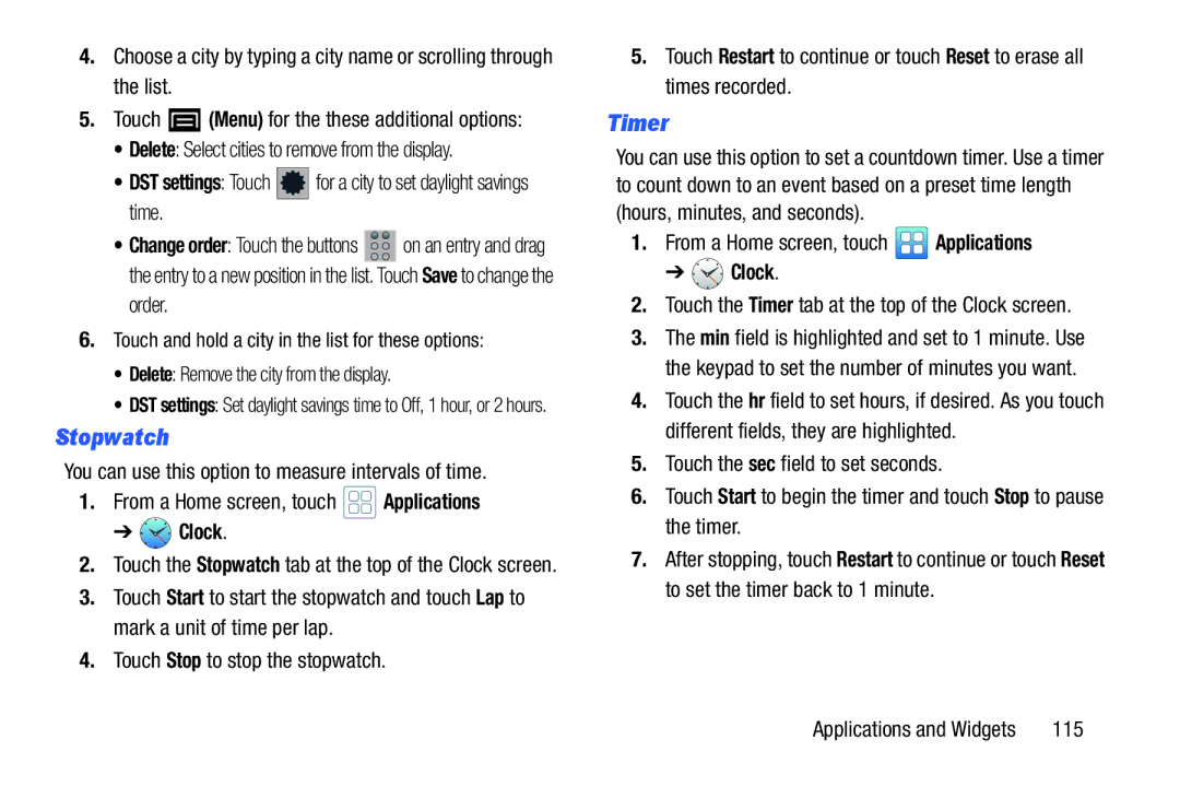 Samsung YP-GI1CB user manual Stopwatch, Order, Touch the Timer tab at the top of the Clock screen, 115 