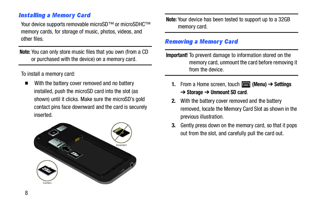 Samsung YP-GI1CB user manual Installing a Memory Card, Removing a Memory Card, Storage Unmount SD card 