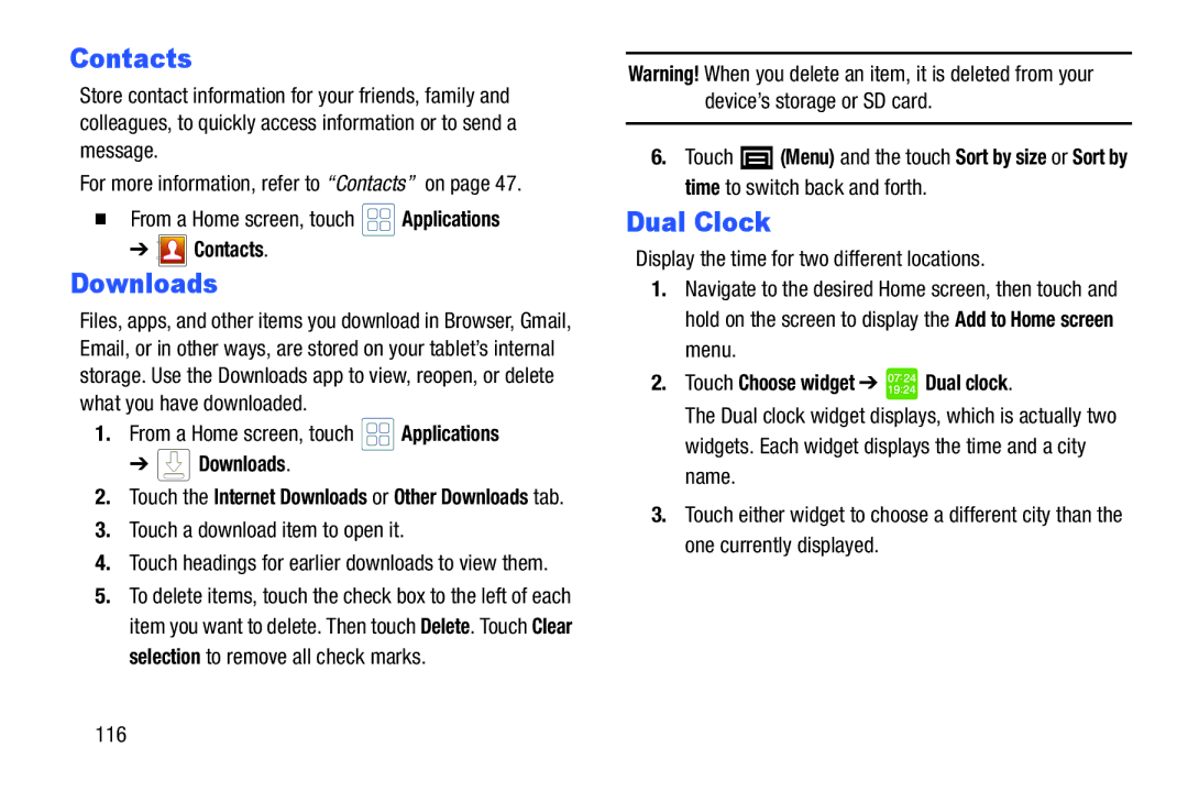 Samsung YP-GI1CB user manual Downloads, Dual Clock, Touch a download item to open it, Touch Choose widget Dual clock 