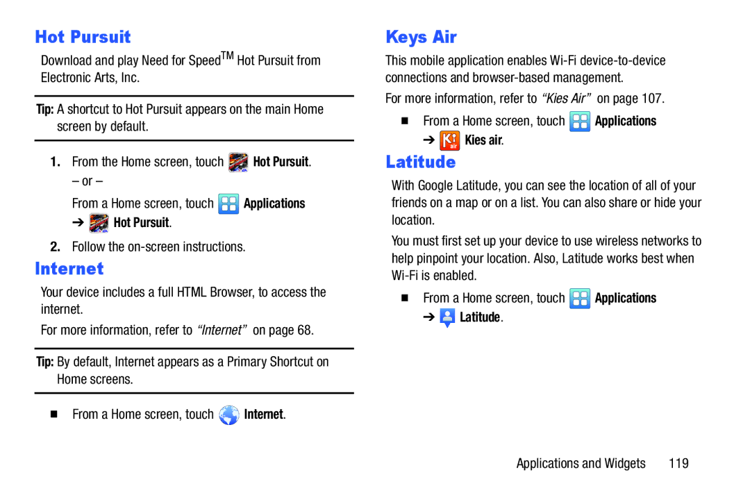 Samsung YP-GI1CB user manual Hot Pursuit, Keys Air, Kies air, 119 