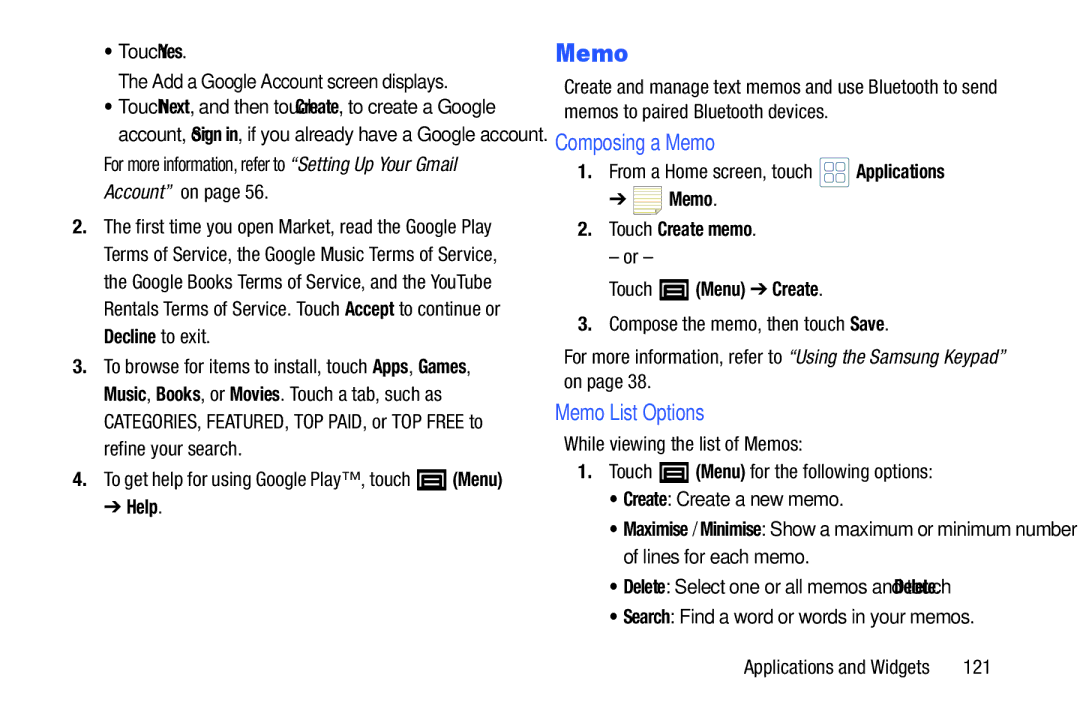 Samsung YP-GI1CB user manual Composing a Memo, Memo List Options, Memo Touch Create memo Touch Menu Create 