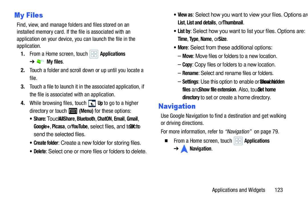 Samsung YP-GI1CB user manual My Files, My files, Directory or touch Menu for these options, 123 