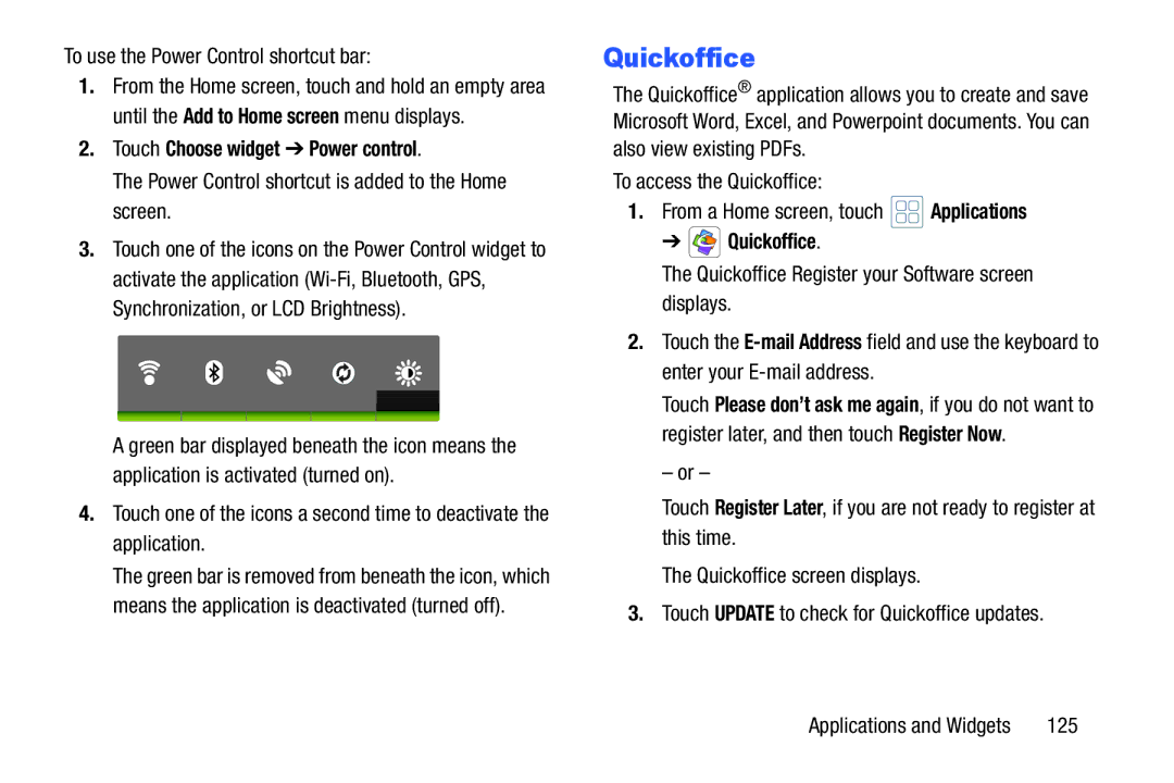 Samsung YP-GI1CB user manual Quickoffice, Touch Choose widget Power control 