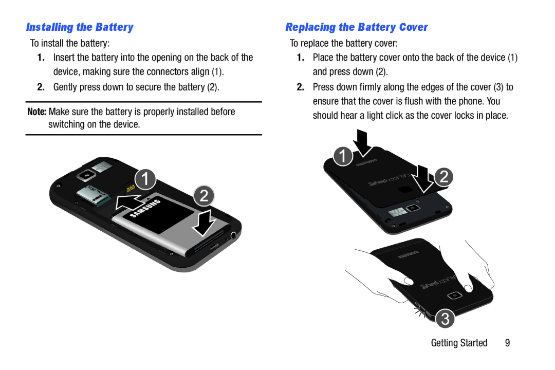 Samsung YP-GI1CB user manual Installing the Battery, Replacing the Battery Cover, To install the battery 