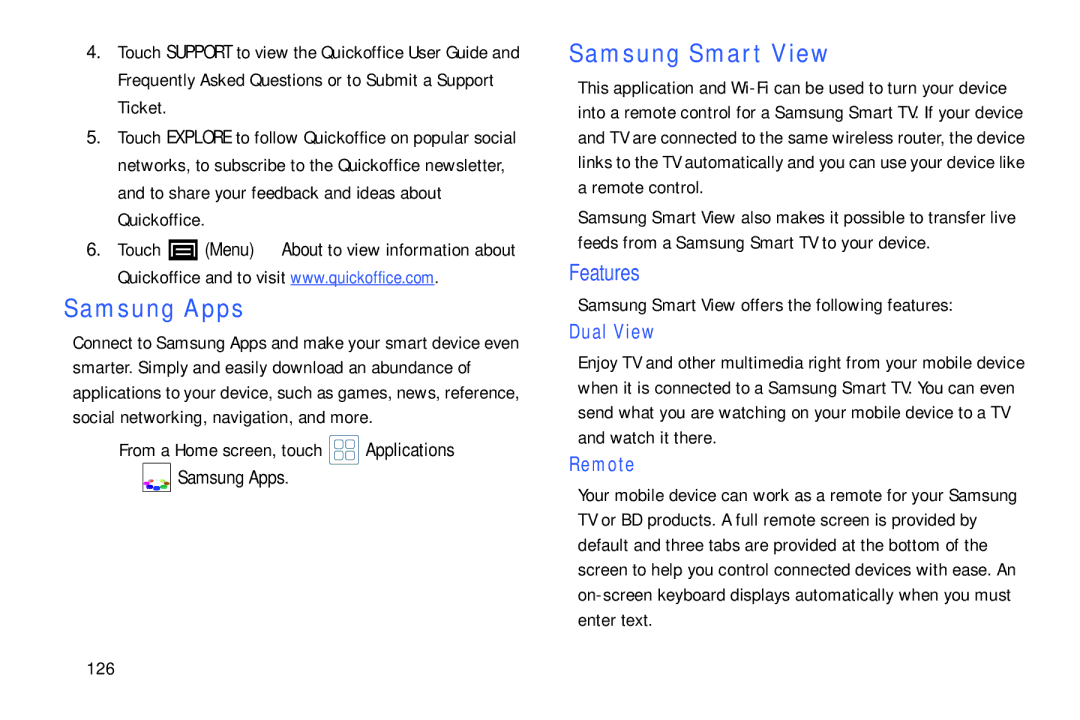 Samsung YP-GI1CB user manual Samsung Apps, Samsung Smart View, Features, Dual View, Remote 