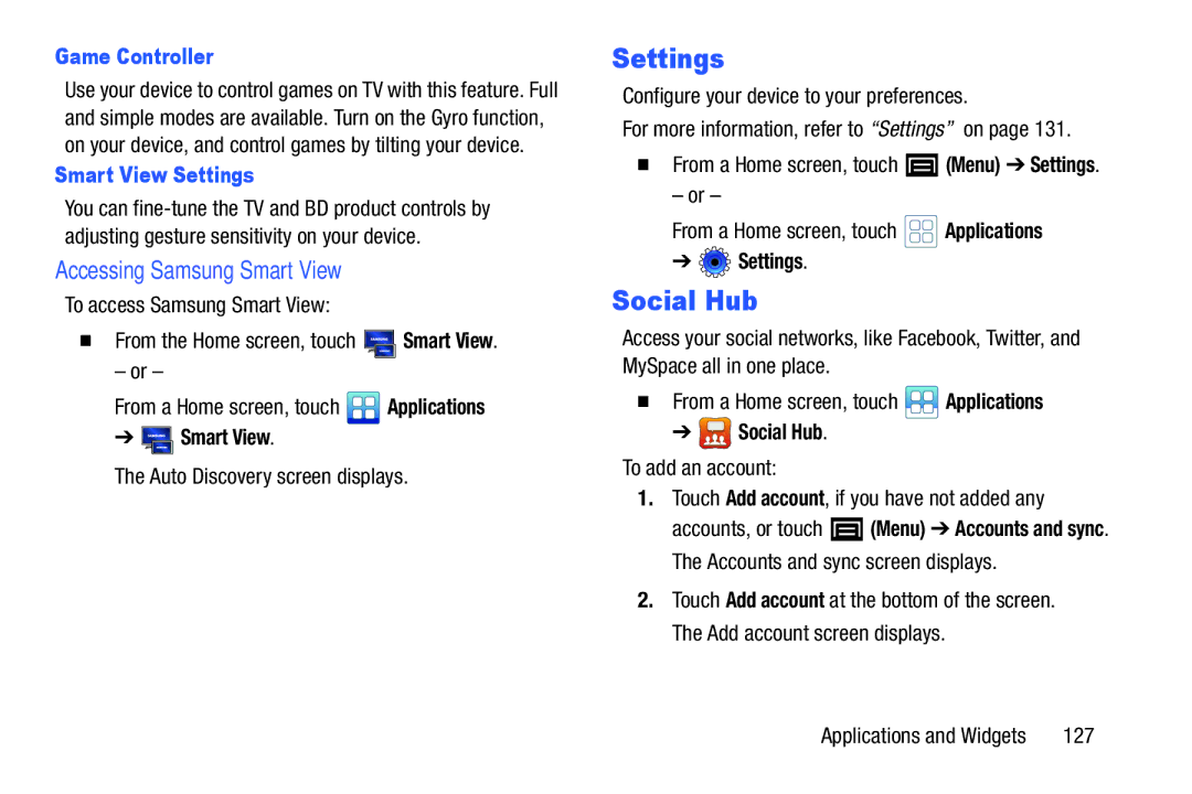 Samsung YP-GI1CB user manual Social Hub, Accessing Samsung Smart View, Game Controller, Smart View Settings 