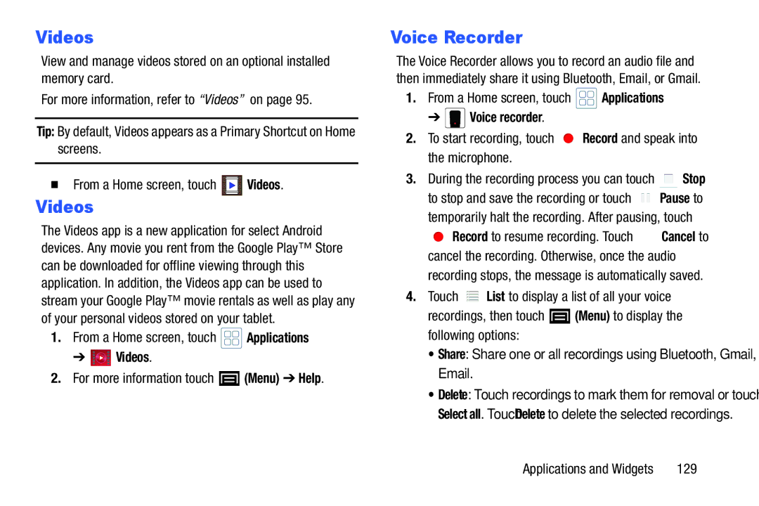 Samsung YP-GI1CB user manual Voice Recorder, Videos, For more information touch Menu Help, Voice recorder, 129 