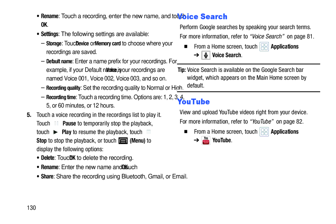 Samsung YP-GI1CB user manual Voice Search, 130 