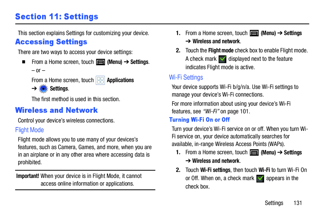 Samsung YP-GI1CB user manual Accessing Settings, Wireless and Network, Flight Mode, Wi-Fi Settings 