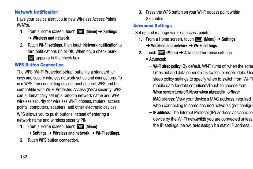 Samsung YP-GI1CB user manual Network Notification, WPS Button Connection, Touch WPS button connection, Advanced Settings 