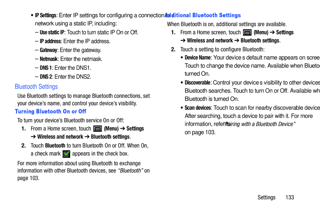 Samsung YP-GI1CB user manual Turning Bluetooth On or Off, Additional Bluetooth Settings 