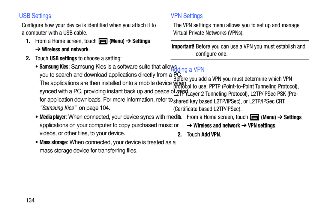 Samsung YP-GI1CB user manual USB Settings, VPN Settings, Adding a VPN, Wireless and network VPN settings 