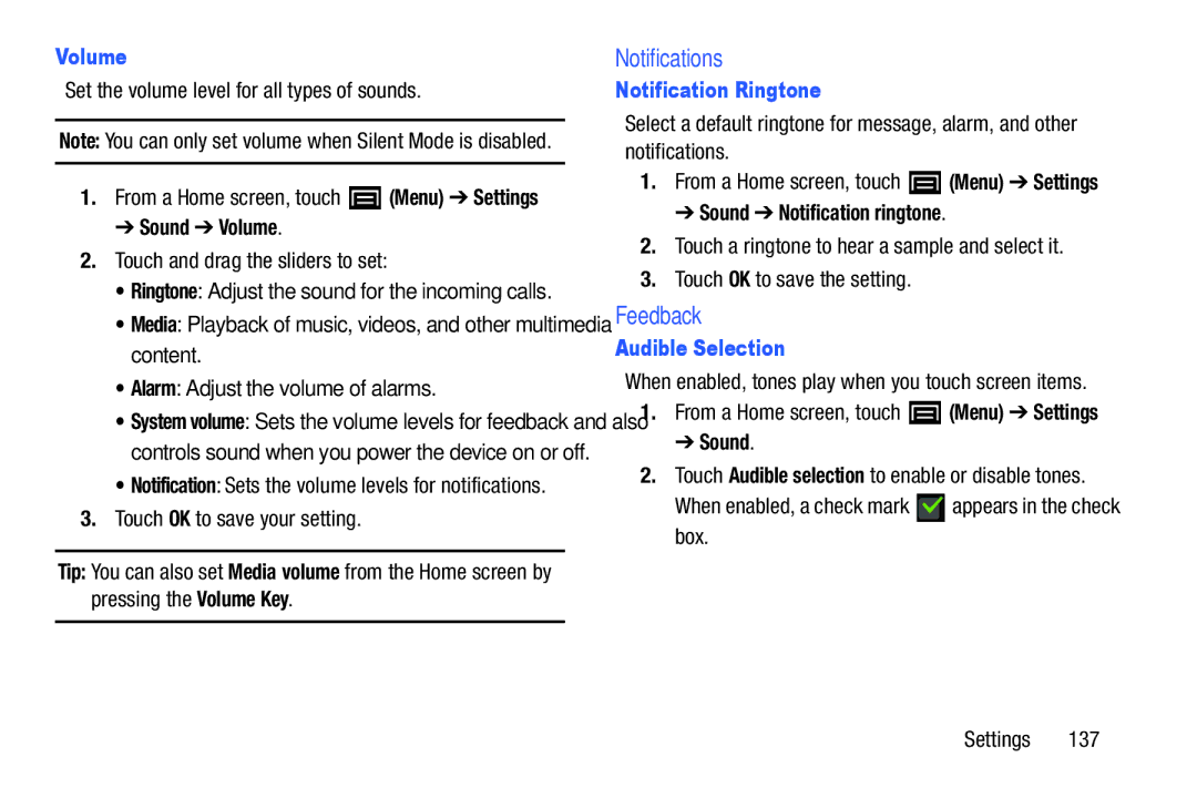 Samsung YP-GI1CB user manual Notifications, Feedback, Volume, Notification Ringtone, Audible Selection 