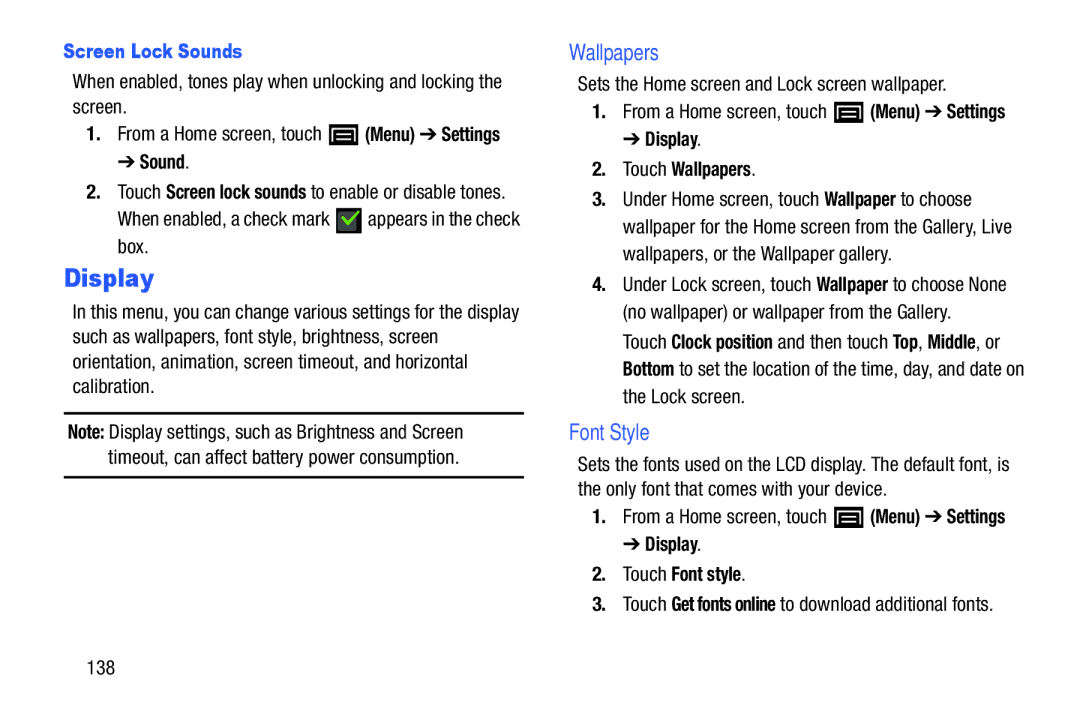 Samsung YP-GI1CB user manual Display, Wallpapers, Font Style, Screen Lock Sounds 