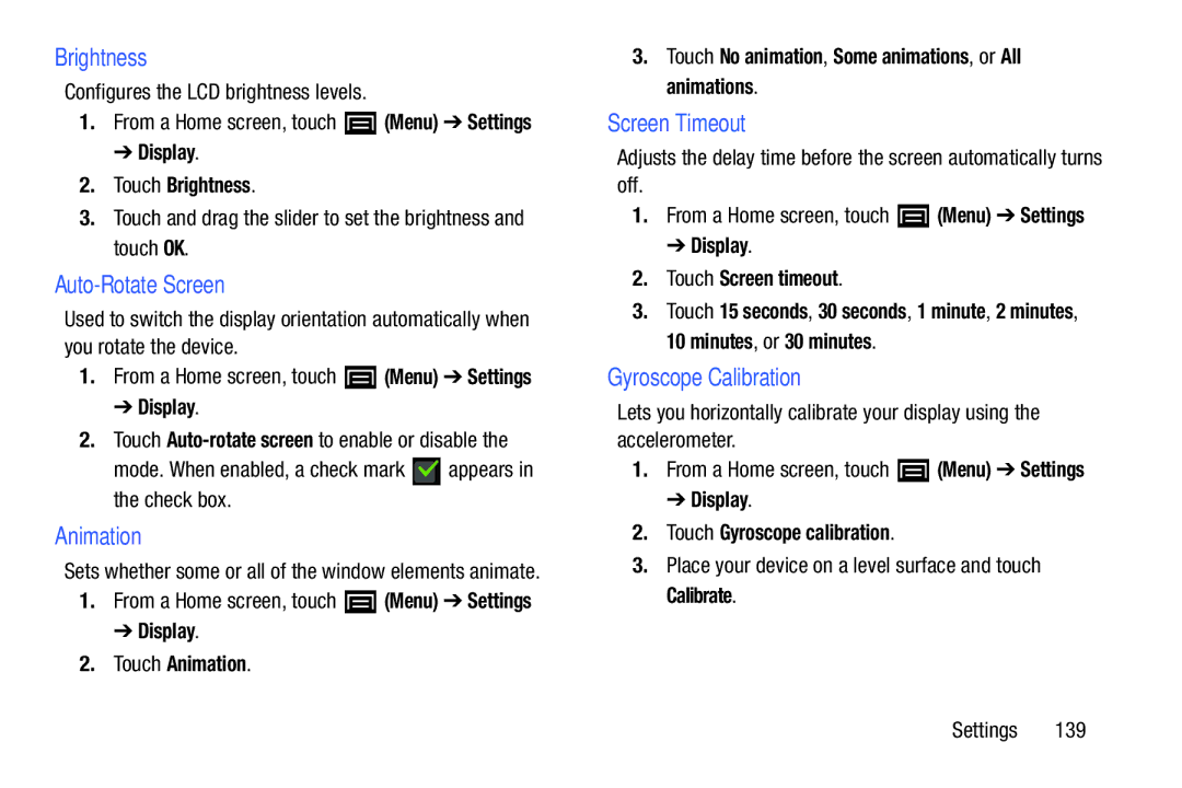 Samsung YP-GI1CB user manual Brightness, Auto-Rotate Screen, Animation, Screen Timeout, Gyroscope Calibration 