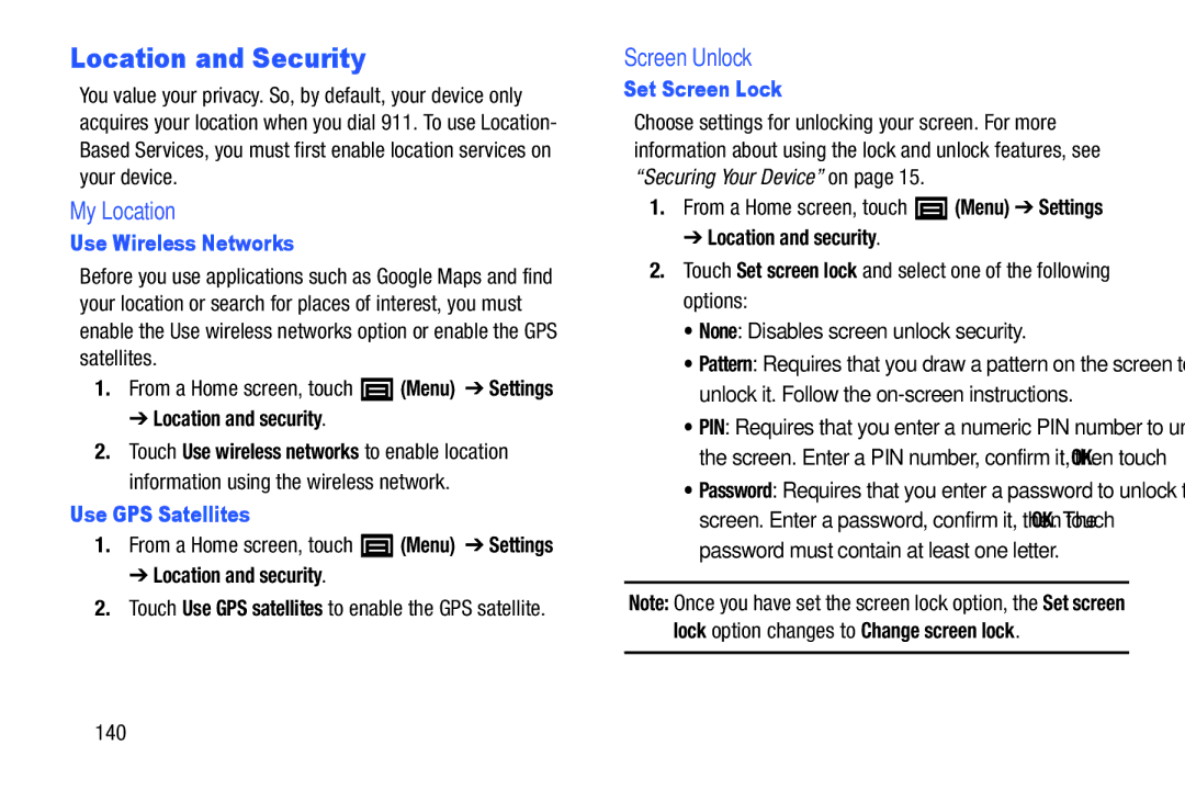 Samsung YP-GI1CB user manual Location and Security, My Location, Screen Unlock 