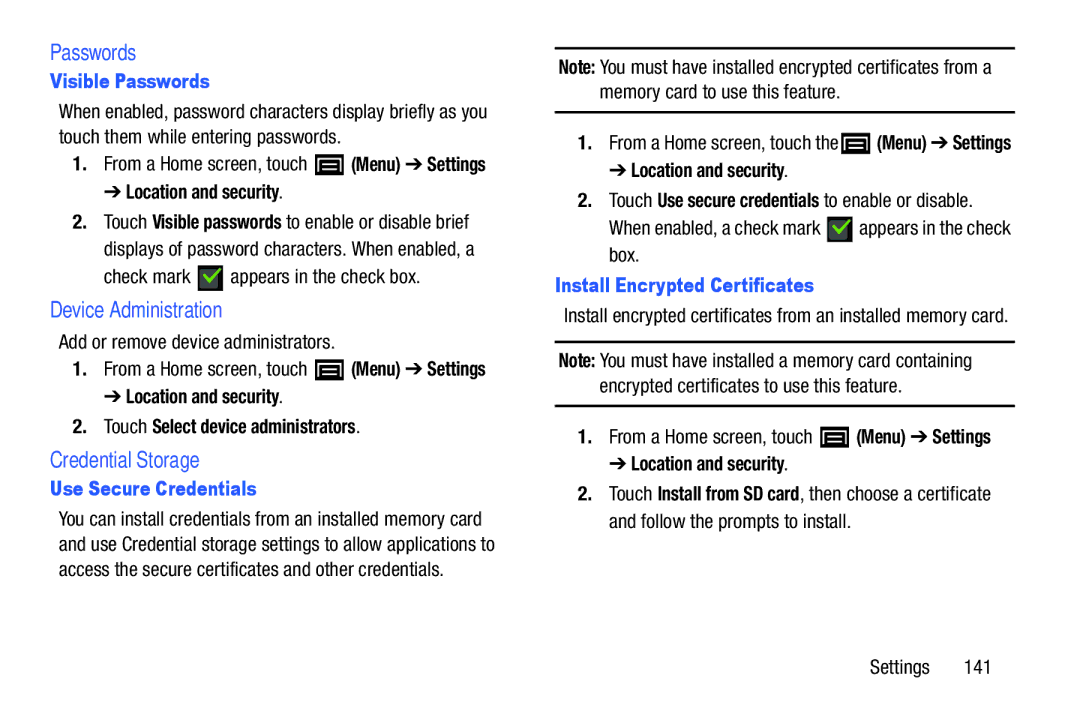 Samsung YP-GI1CB user manual Passwords, Device Administration, Credential Storage 