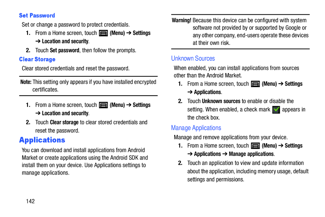 Samsung YP-GI1CB user manual Unknown Sources, Manage Applications, Set Password, Clear Storage 