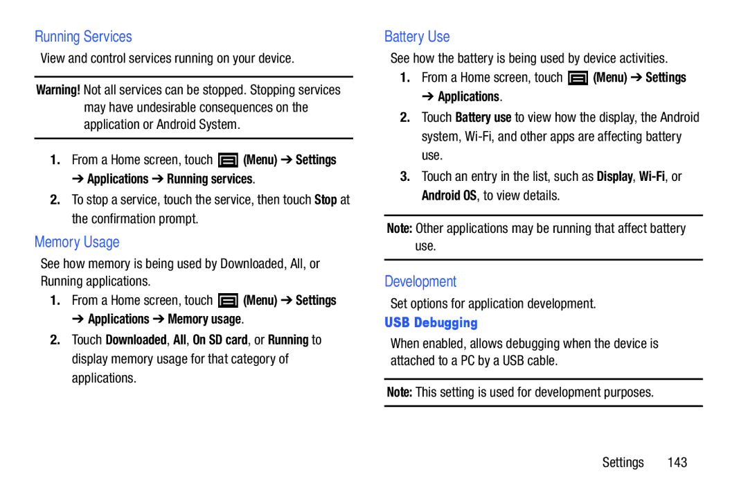 Samsung YP-GI1CB user manual Running Services, Memory Usage, Battery Use, Development, USB Debugging 