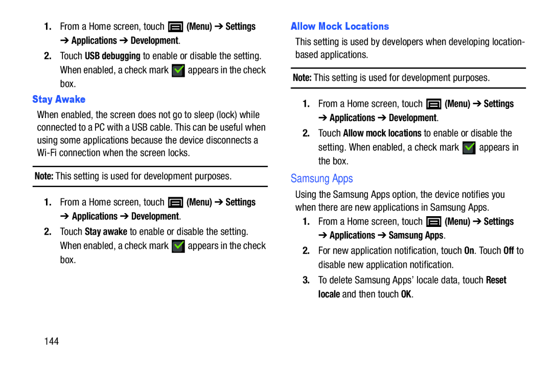 Samsung YP-GI1CB user manual Applications Development, Stay Awake, Allow Mock Locations, Applications Samsung Apps 