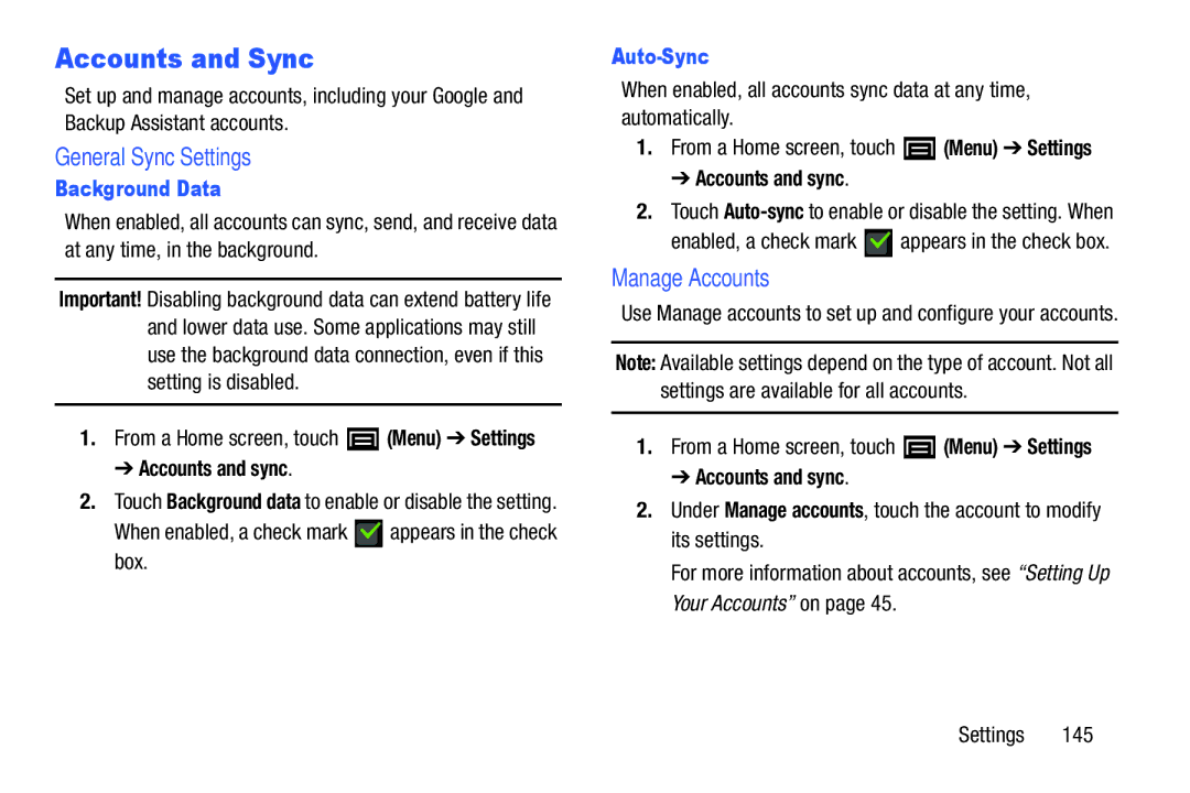 Samsung YP-GI1CB user manual Accounts and Sync, General Sync Settings, Manage Accounts, Background Data, Auto-Sync 