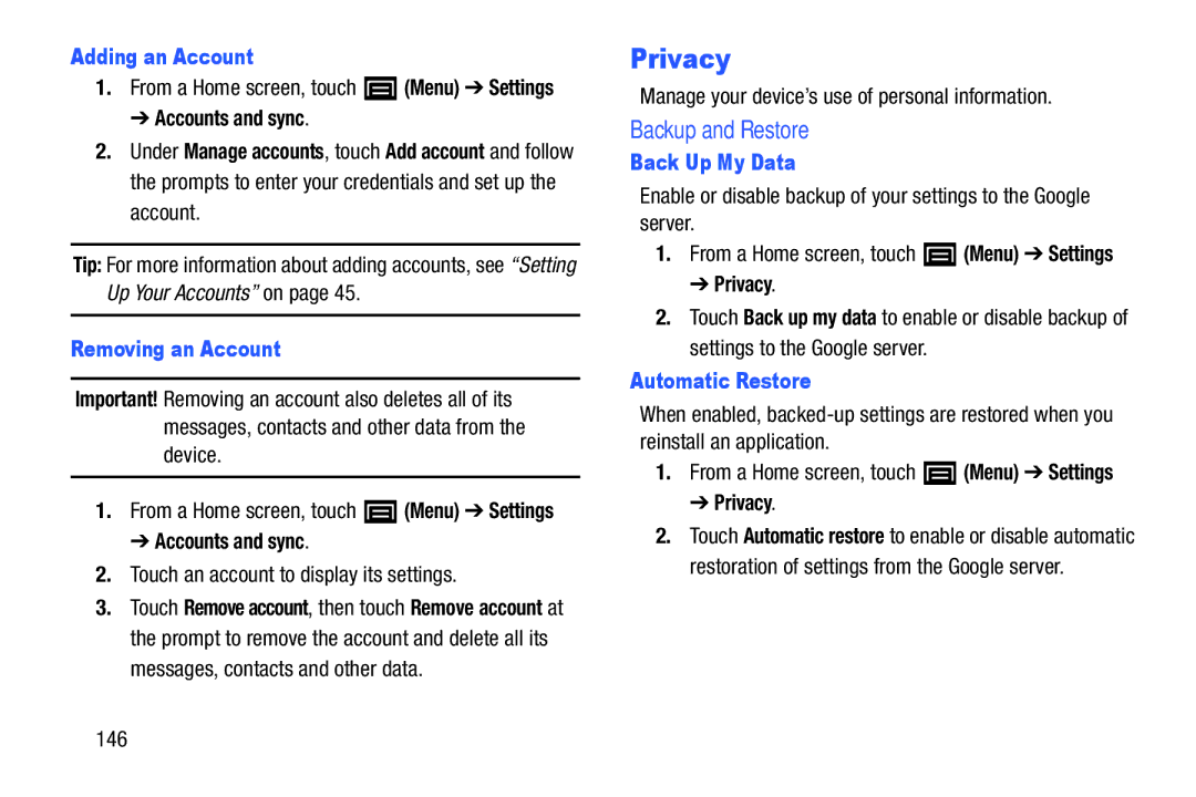 Samsung YP-GI1CB user manual Privacy, Adding an Account, Removing an Account, Back Up My Data, Automatic Restore 