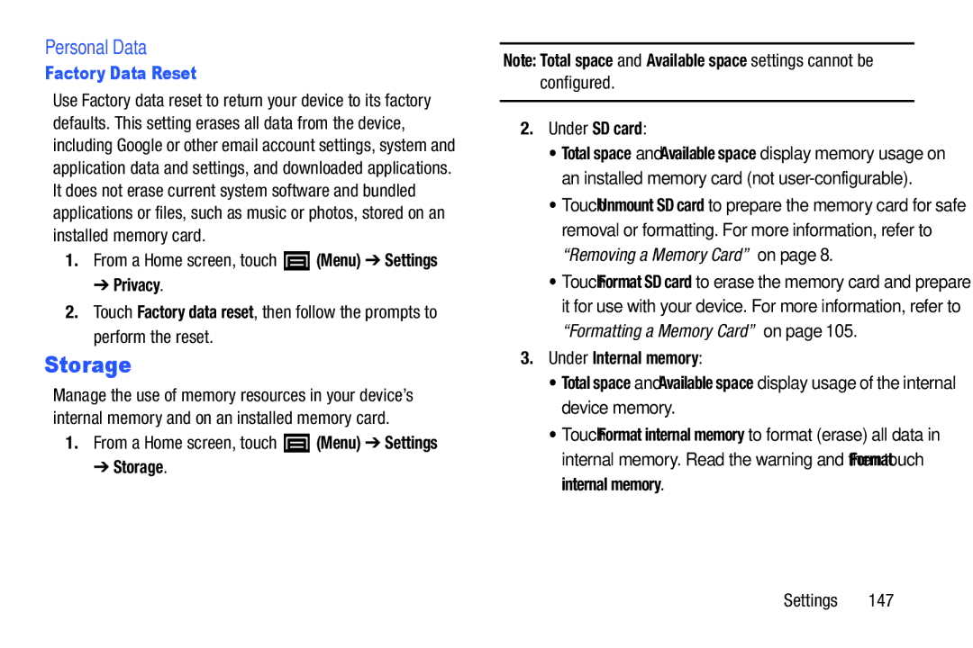 Samsung YP-GI1CB user manual Storage, Personal Data, Factory Data Reset, Configured Under SD card 