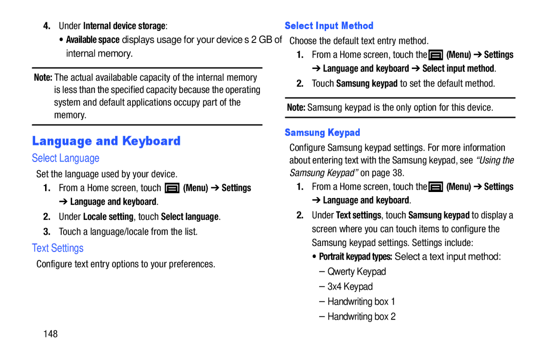 Samsung YP-GI1CB user manual Language and Keyboard, Select Language, Text Settings, Select Input Method, Samsung Keypad 