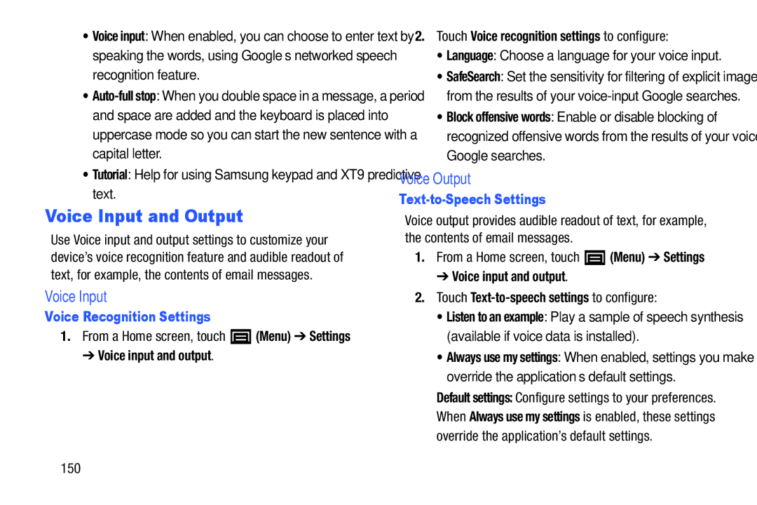 Samsung YP-GI1CB user manual Voice Input and Output, Voice Output, Voice Recognition Settings, Text-to-Speech Settings 