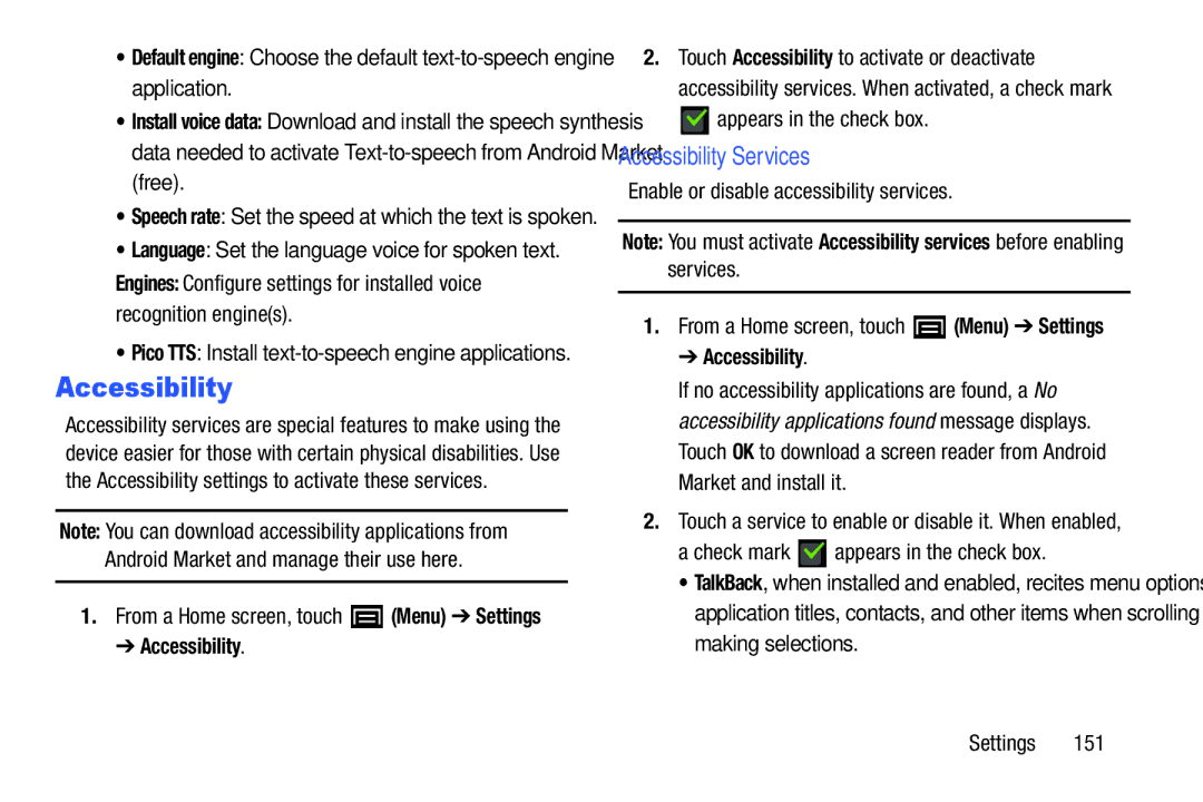 Samsung YP-GI1CB user manual Accessibility Services, Android Market and manage their use here 