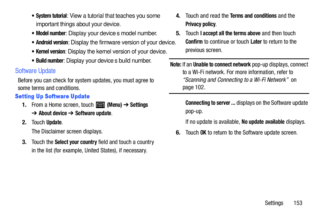 Samsung YP-GI1CB Setting Up Software Update, About device Software update, Touch Update Disclaimer screen displays 