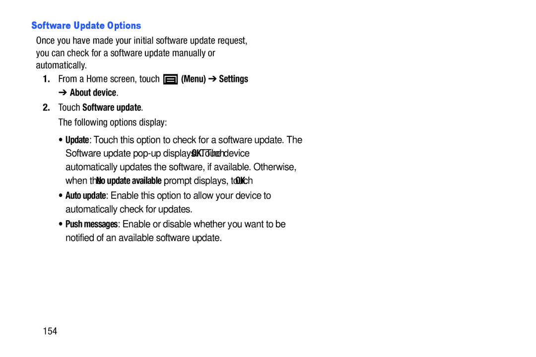 Samsung YP-GI1CB user manual Software Update Options, About device Touch Software update, Following options display, 154 