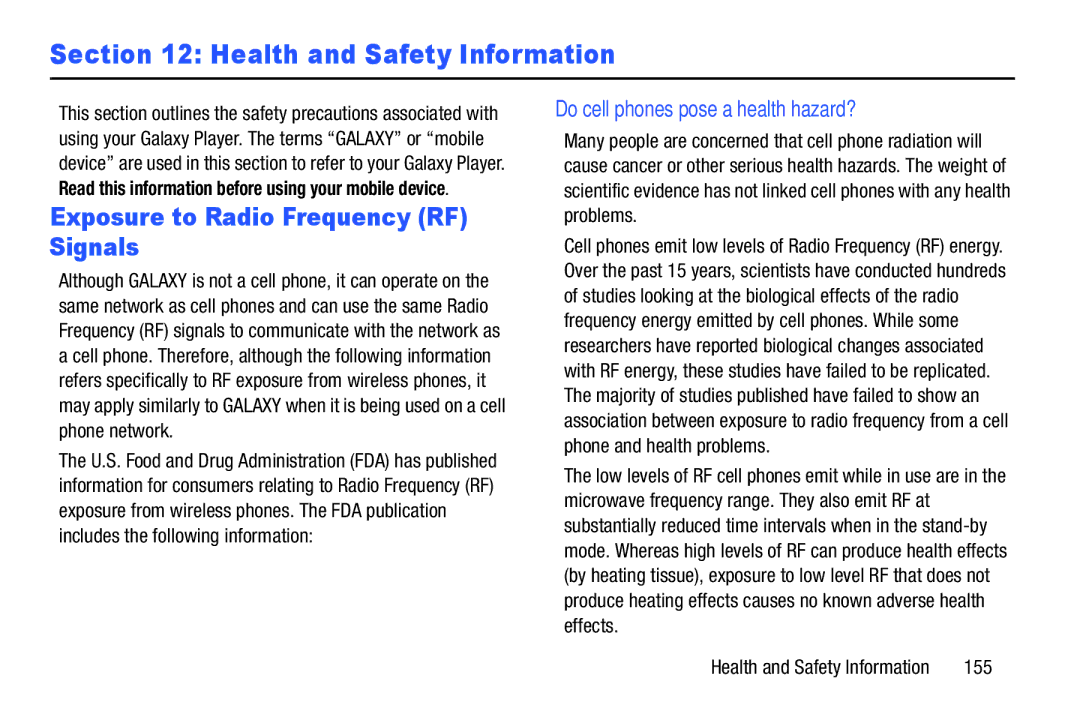 Samsung YP-GI1CB user manual Health and Safety Information, Exposure to Radio Frequency RF Signals, 155 