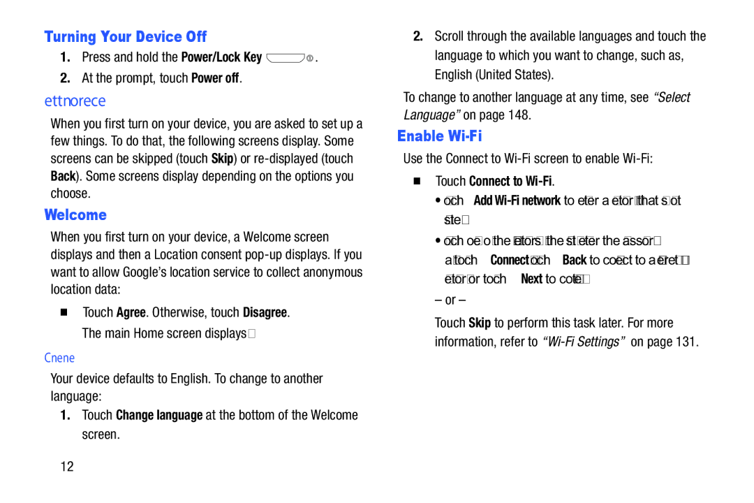 Samsung YP-GI1CB user manual Turning Your Device Off, Welcome, Enable Wi-Fi, Change Language 