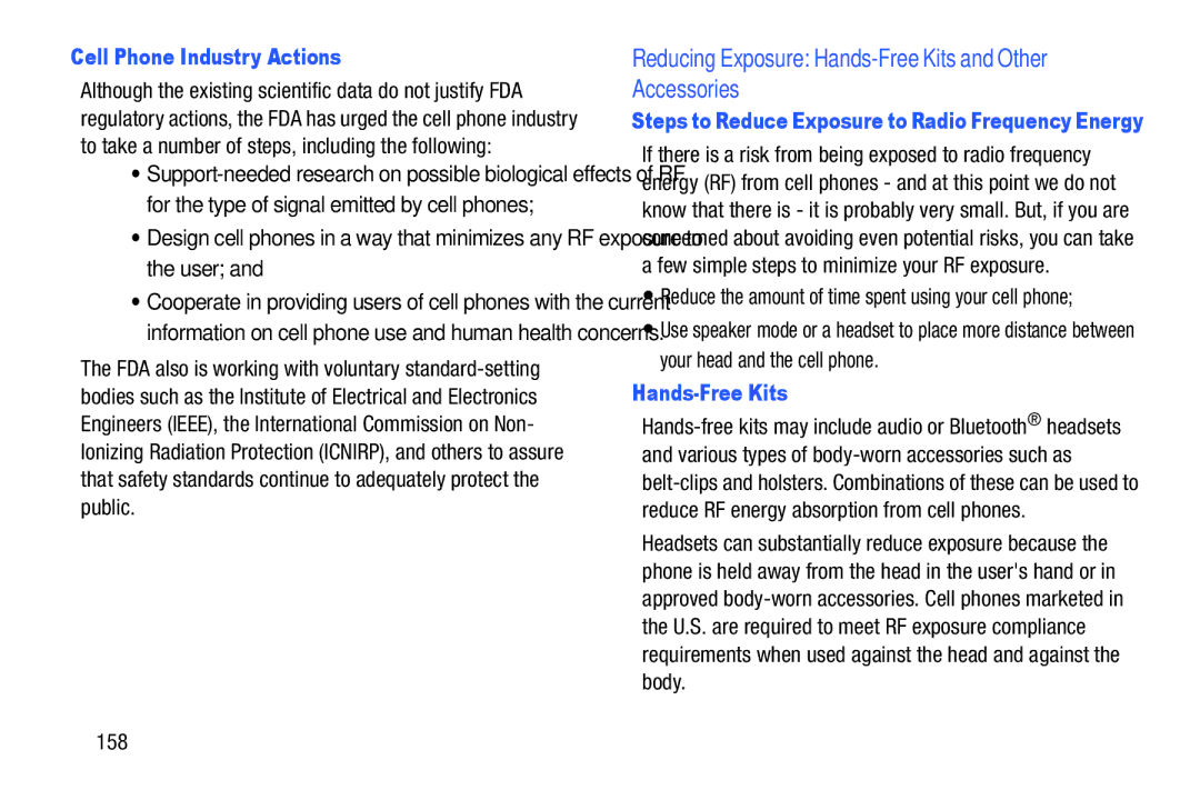 Samsung YP-GI1CB user manual Reducing Exposure Hands-Free Kits and Other Accessories, Cell Phone Industry Actions, 158 