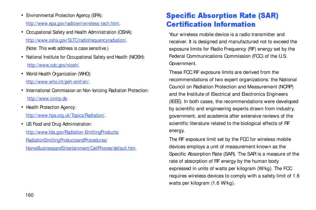 Samsung YP-GI1CB user manual Specific Absorption Rate SAR Certification Information, 160 