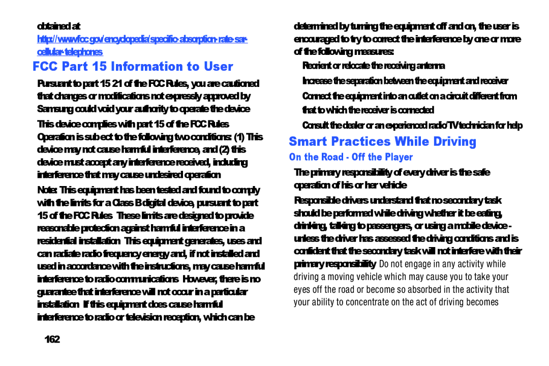 Samsung YP-GI1CB user manual FCC Part 15 Information to User, Smart Practices While Driving, On the Road Off the Player 