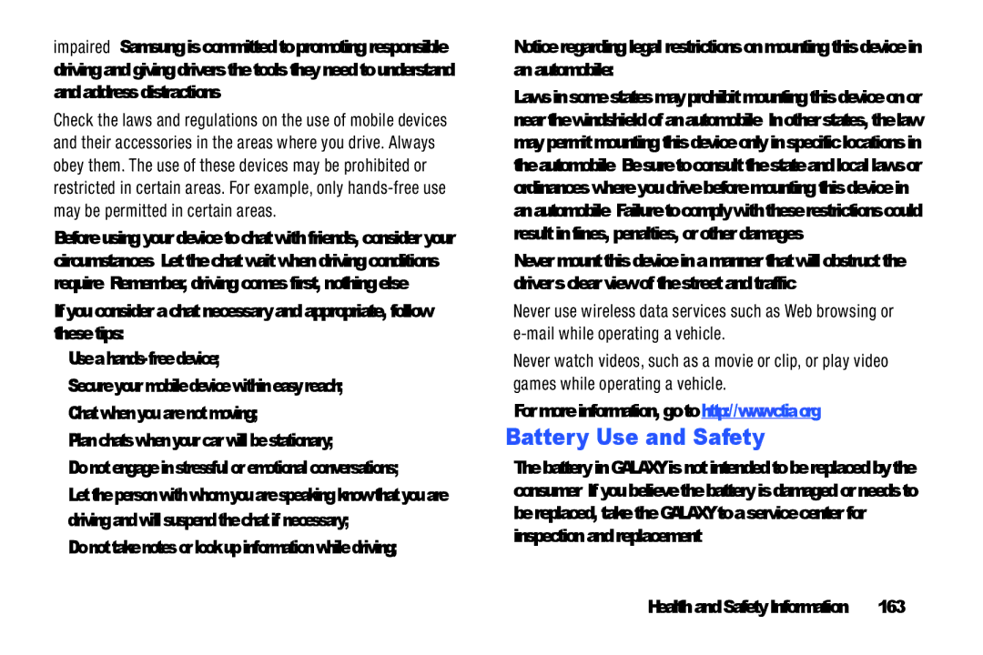 Samsung YP-GI1CB user manual Battery Use and Safety, 163 