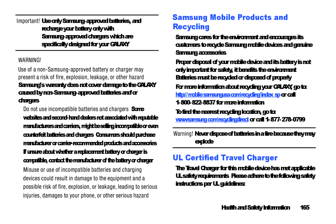 Samsung YP-GI1CB user manual Samsung Mobile Products and Recycling, UL Certified Travel Charger, 165 