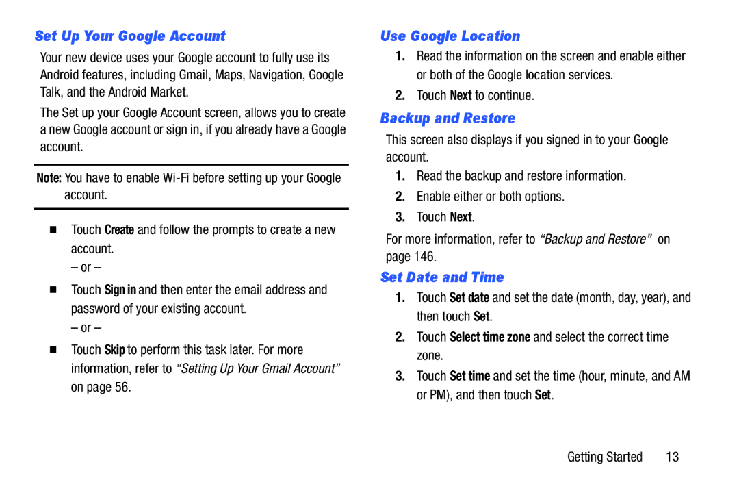 Samsung YP-GI1CB user manual Set Up Your Google Account, Use Google Location, Backup and Restore, Set Date and Time 