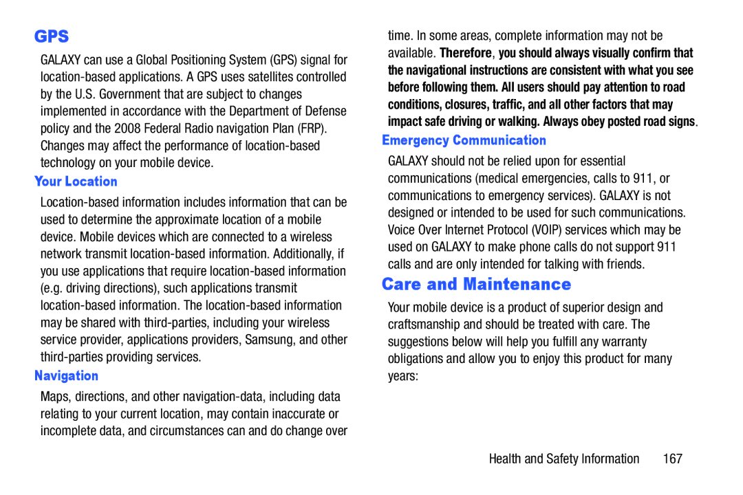 Samsung YP-GI1CB user manual Care and Maintenance, Your Location, Navigation, Emergency Communication 