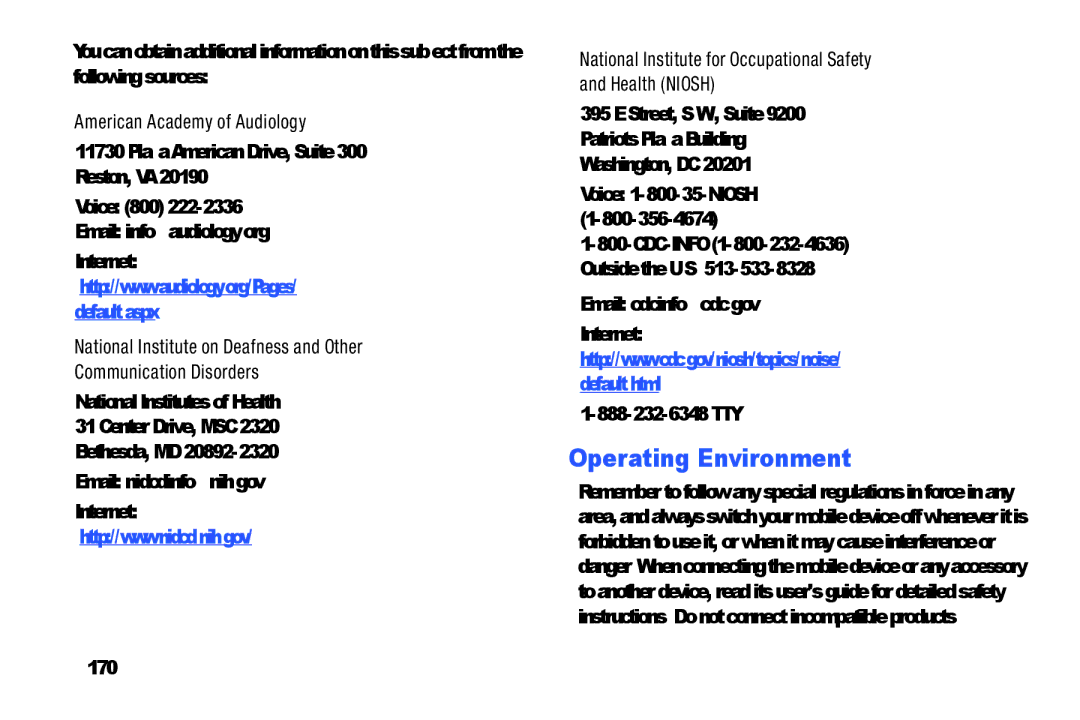 Samsung YP-GI1CB user manual Operating Environment, American Academy of Audiology, Email cdcinfo@cdc.gov Internet, 170 