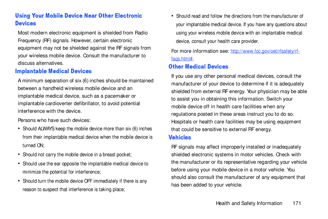 Samsung YP-GI1CB user manual Using Your Mobile Device Near Other Electronic Devices, Implantable Medical Devices, Vehicles 