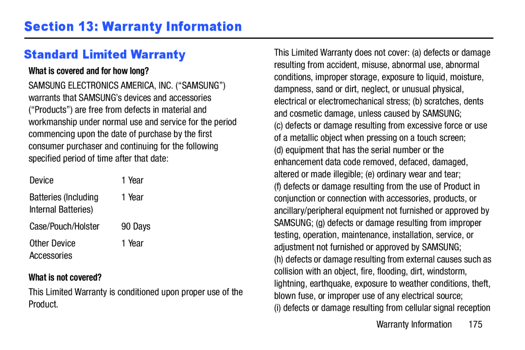 Samsung YP-GI1CB Warranty Information, Standard Limited Warranty, What is covered and for how long?, What is not covered? 