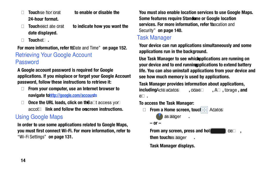 Samsung YP-GI1CB user manual Retrieving Your Google Account Password, Using Google Maps, Task Manager, Help, Task manager 