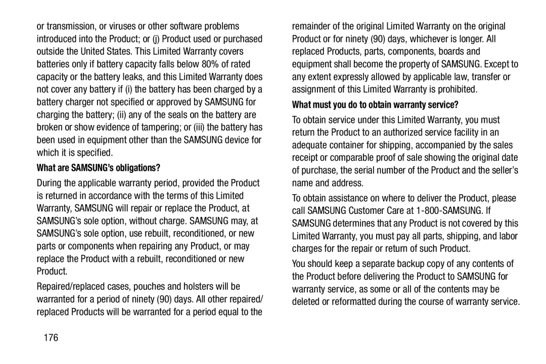 Samsung YP-GI1CB user manual What are SAMSUNG’s obligations?, What must you do to obtain warranty service?, 176 