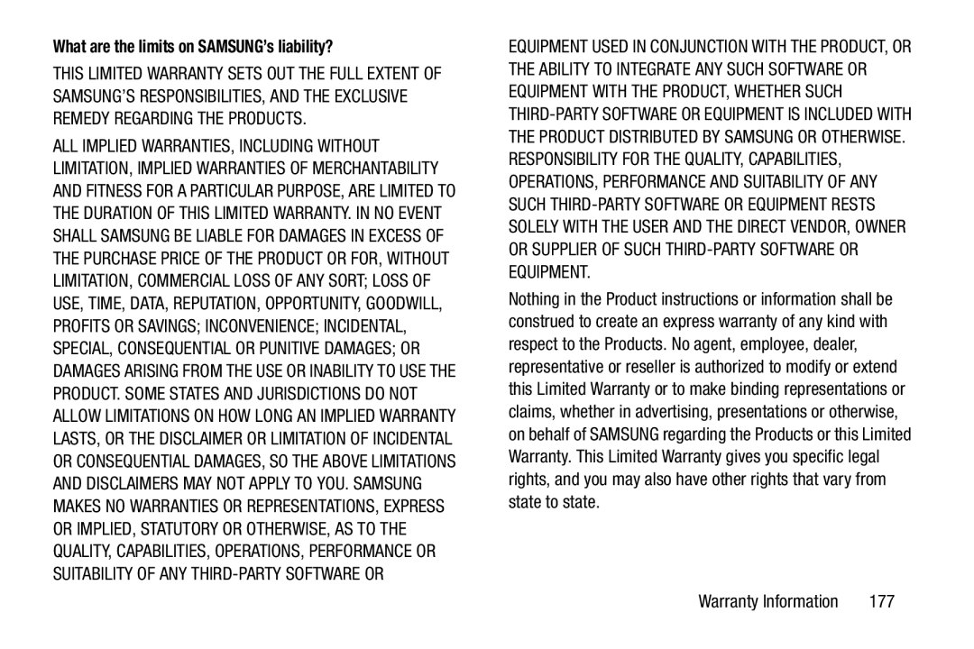 Samsung YP-GI1CB user manual What are the limits on SAMSUNG’s liability?, 177 