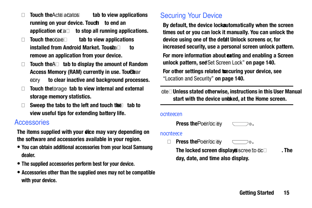 Samsung YP-GI1CB user manual Accessories, Securing Your Device, Locking the Device Manually, Unlocking the Device 